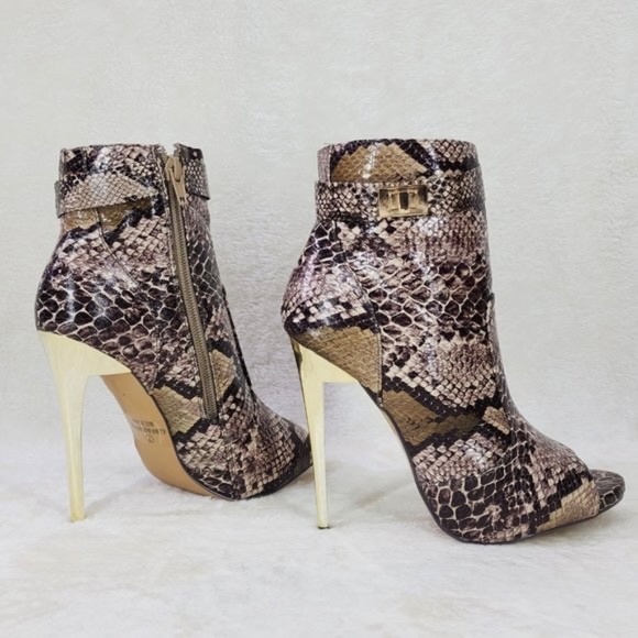 * Mona Mia Snakeskin Print Open Toe 4 3/4" Gold Trim Stiletto Heel Ankle Boots - Picture 5 of 7